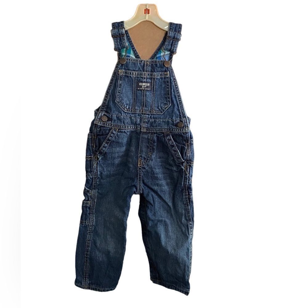 Oshkosh by gosh flannel lined jean overalls/bibs green blue and white size 18 mo